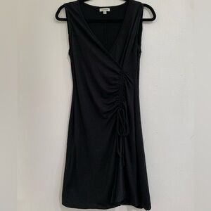 Max Studio Black Textured Knit A-Line Dress Faux Wrap V Neck Tie Cinch Waist SM